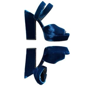 Saint Laurent Navy Blue Debbie Velvet Cross Platform Block Heel Sandals 39
